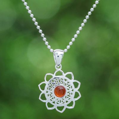 Alternate image for Openwork Carnelian Silver Chakra Floral Pendant Necklace Blooming in Red
