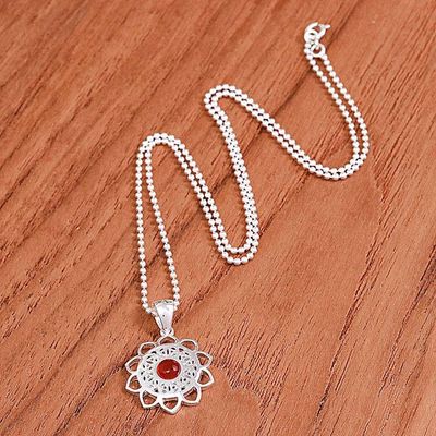 Alternate image for Openwork Carnelian Silver Chakra Floral Pendant Necklace Blooming in Red