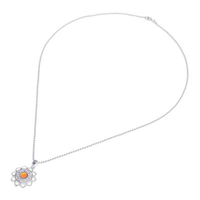 Alternate image for Openwork Carnelian Silver Chakra Floral Pendant Necklace Blooming in Red