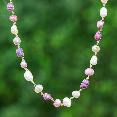 Primary image for Beaded Necklace with Purple Pink Grey White Cultured Pearls Sweet Elegance