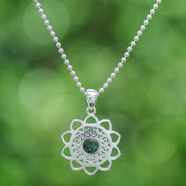 Alternate image for Reconstituted Turquoise Silver Floral Pendant Necklace Blooming in Green