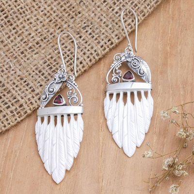 Primary image for Garnet  Sterling Silver Feathers Dangle Earrings from Bali Morning Feathers