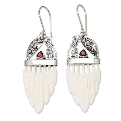 Alternate image for Garnet  Sterling Silver Feathers Dangle Earrings from Bali Morning Feathers