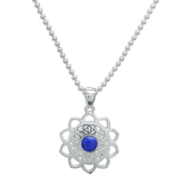 Alternate image for Openwork Lapis Lazuli Silver Chakra Floral Pendant Necklace Blooming in Blue