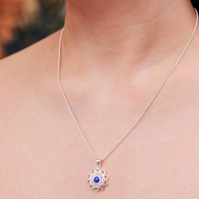 Alternate image for Openwork Lapis Lazuli Silver Chakra Floral Pendant Necklace Blooming in Blue