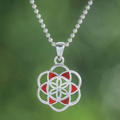 Primary image for Carnelian Silver Chakra Floral Geometric Pendant Necklace Red Floral Geometry