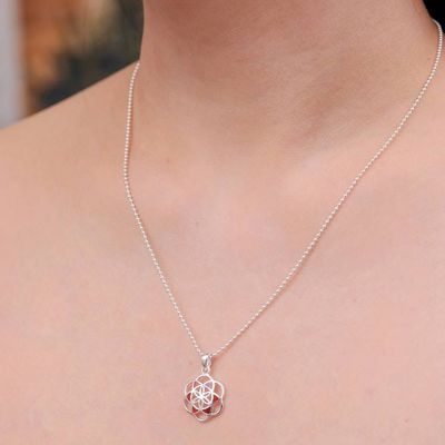 Alternate image for Carnelian Silver Chakra Floral Geometric Pendant Necklace Red Floral Geometry
