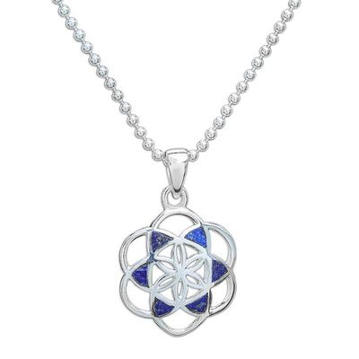 Alternate image for Lapis Lazuli Silver Chakra Floral Geometric Pendant Necklace Blue Floral Geometry