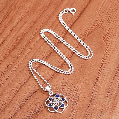 Alternate image for Lapis Lazuli Silver Chakra Floral Geometric Pendant Necklace Blue Floral Geometry