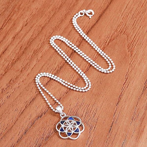 Alternate image for Lapis Lazuli Silver Chakra Floral Geometric Pendant Necklace Blue Floral Geometry