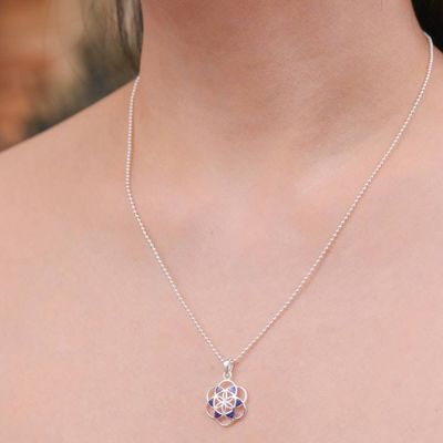Alternate image for Lapis Lazuli Silver Chakra Floral Geometric Pendant Necklace Blue Floral Geometry