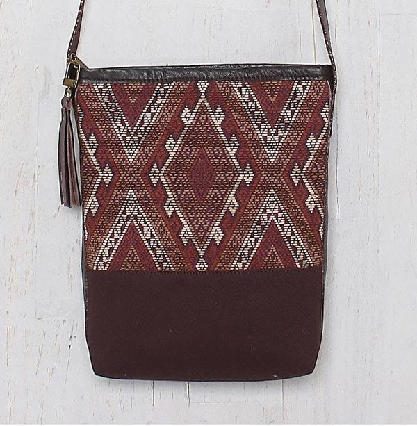 Alternate image for Thai Handwoven Cotton Shoulder Bag with Leather Accents Northern Thai Charm