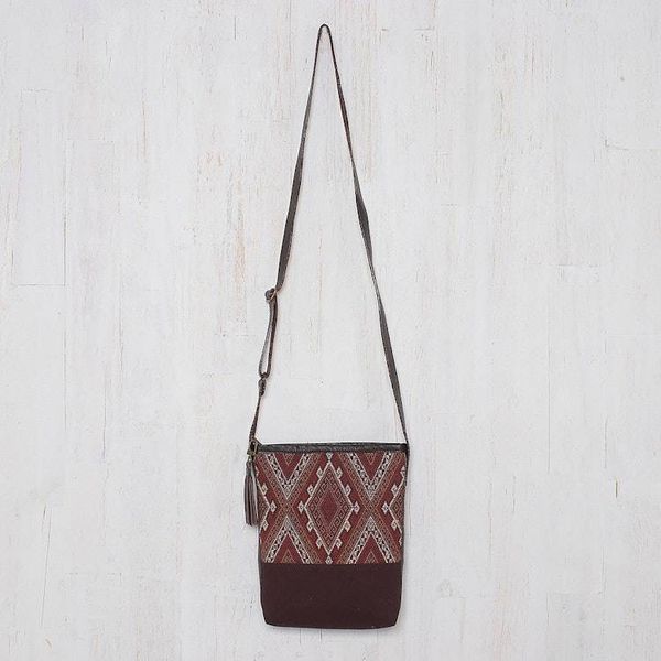 Alternate image for Thai Handwoven Cotton Shoulder Bag with Leather Accents Northern Thai Charm