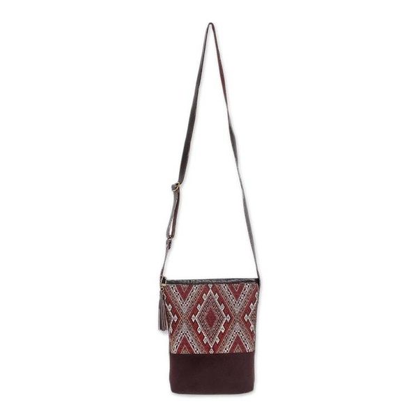 Alternate image for Thai Handwoven Cotton Shoulder Bag with Leather Accents Northern Thai Charm