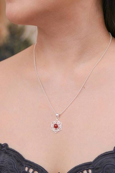 Alternate image for High-Polished Floral Natural Carnelian Pendant Necklace Frozen Courage