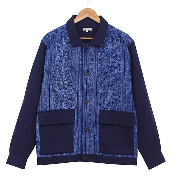 Alternate image for Mens Hmong Motif Blue Button-Up Cotton Jacket Blue Explorer
