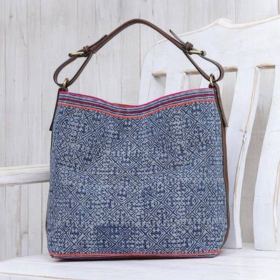 Alternate image for Leather Trimmed Hmong Batik Shoulder Bag Hmong Accent