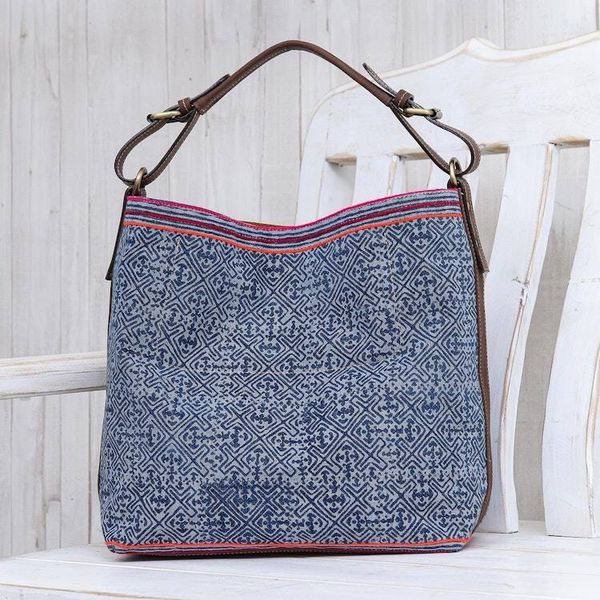Alternate image for Leather Trimmed Hmong Batik Shoulder Bag Hmong Accent