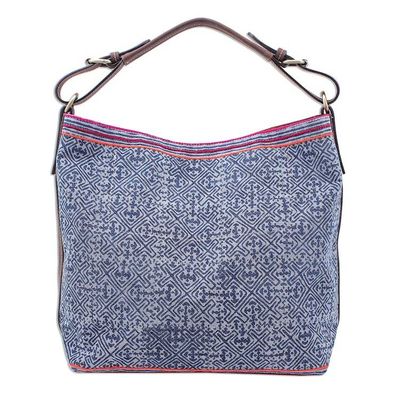 Alternate image for Leather Trimmed Hmong Batik Shoulder Bag Hmong Accent