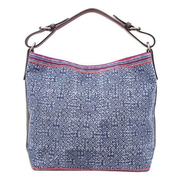 Alternate image for Leather Trimmed Hmong Batik Shoulder Bag Hmong Accent
