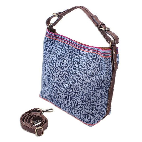 Alternate image for Leather Trimmed Hmong Batik Shoulder Bag Hmong Accent