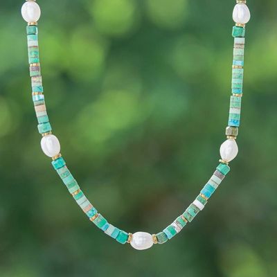 Alternate image for Hematite and Recon Turquoise Necklace with White Pearls Jewels of the Sea