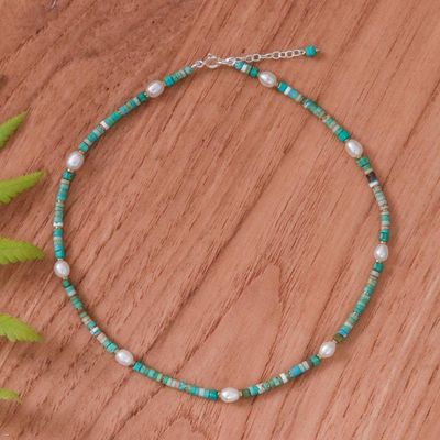 Alternate image for Hematite and Recon Turquoise Necklace with White Pearls Jewels of the Sea