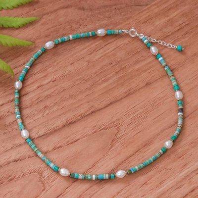 Alternate image for Hematite and Recon Turquoise Necklace with White Pearls Jewels of the Sea
