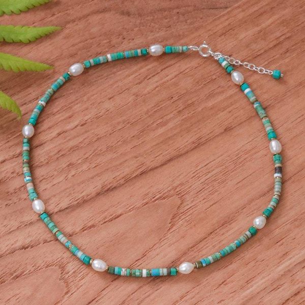 Alternate image for Hematite and Recon Turquoise Necklace with White Pearls Jewels of the Sea