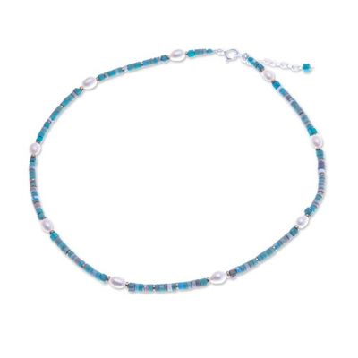 Alternate image for Hematite and Recon Turquoise Necklace with White Pearls Jewels of the Sea
