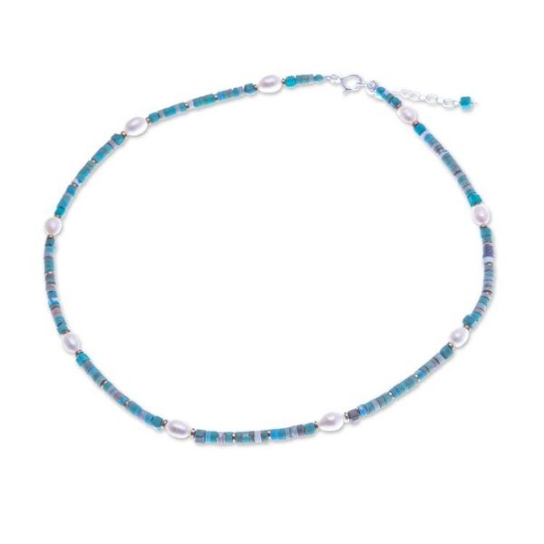 Alternate image for Hematite and Recon Turquoise Necklace with White Pearls Jewels of the Sea