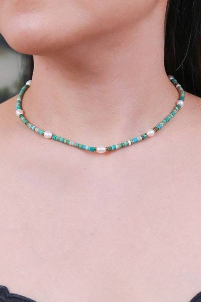 Alternate image for Hematite and Recon Turquoise Necklace with White Pearls Jewels of the Sea