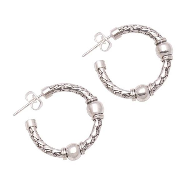 Alternate image for Weave Pattern Sterling Silver Half-Hoop Earrings from Bali Balinese Bond