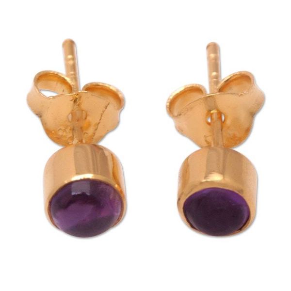 Alternate image for 18k Gold-Plated Stud Earrings with Amethyst Stone from Bali Petite Purple