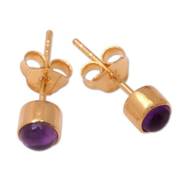 Alternate image for 18k Gold-Plated Stud Earrings with Amethyst Stone from Bali Petite Purple