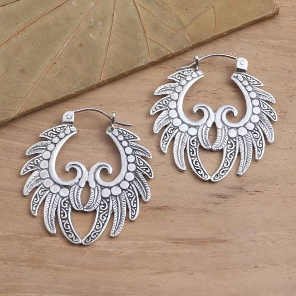 Alternate image for Hand Crafted Sterling Silver Hoop Earrings Feathered Crown