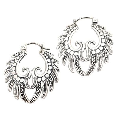 Alternate image for Hand Crafted Sterling Silver Hoop Earrings Feathered Crown