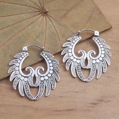 Alternate image for Hand Crafted Sterling Silver Hoop Earrings Feathered Crown