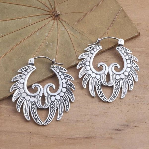 Alternate image for Hand Crafted Sterling Silver Hoop Earrings Feathered Crown