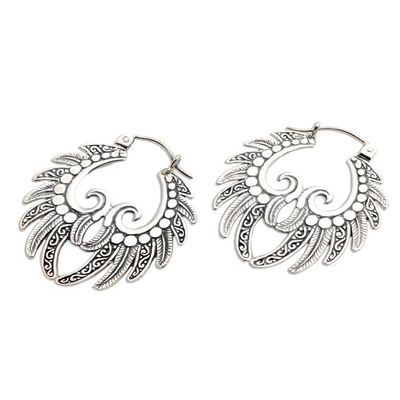 Alternate image for Hand Crafted Sterling Silver Hoop Earrings Feathered Crown