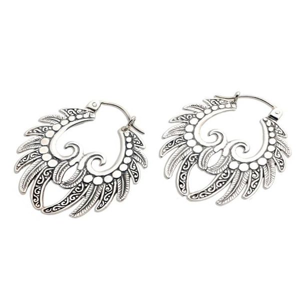 Alternate image for Hand Crafted Sterling Silver Hoop Earrings Feathered Crown