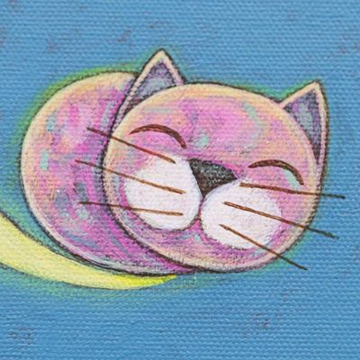 Primary image for Acrylic on Canvas Cats and Moon Naif Painting from Thailand Good Night