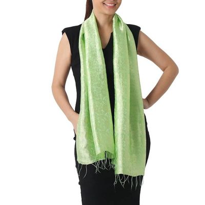 Alternate image for Spring Green Rayon and Silk Blend Floral Jacquard Shawl Green Bouquet