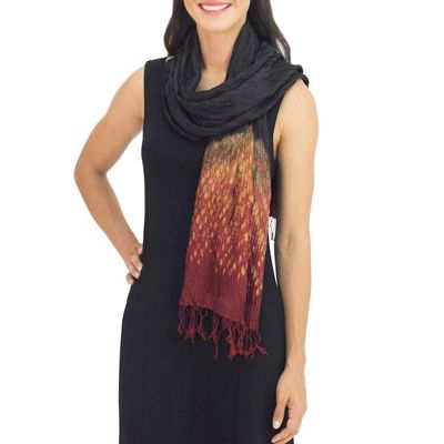 Alternate image for Fiery Tie-dye Silk Rayon Scarf Crafted by Hand in Thailand Black Red Kaleidoscopic