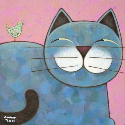 Alternate image for Naif Acrylic Painting of a Blue-Grey Cat from Thailand How Are You