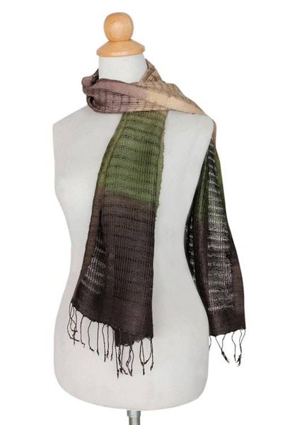 Alternate image for Fair Trade Green and Brown Tie Dye Bark Silk Scarf Forest Evolution