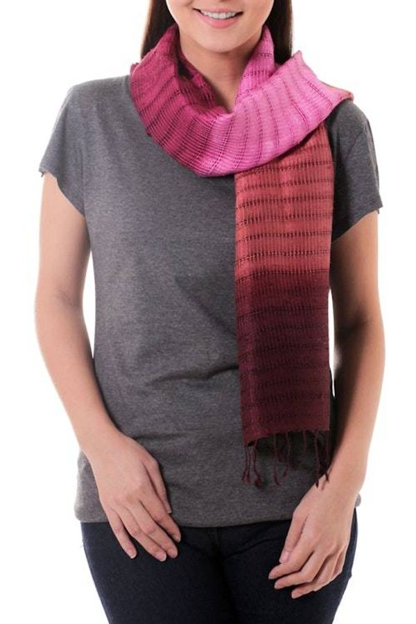 Alternate image for Handmade Pink and Burgundy Tie Dye Silk Scarf Wine Evolution