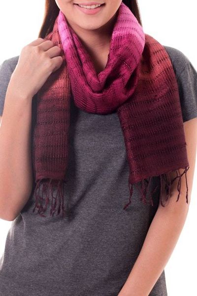 Alternate image for Handmade Pink and Burgundy Tie Dye Silk Scarf Wine Evolution