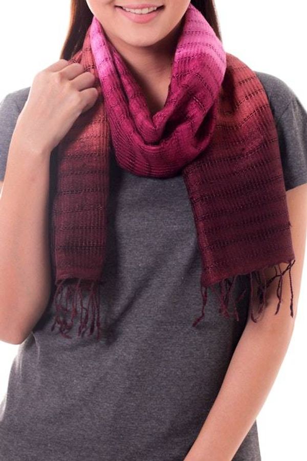 Alternate image for Handmade Pink and Burgundy Tie Dye Silk Scarf Wine Evolution