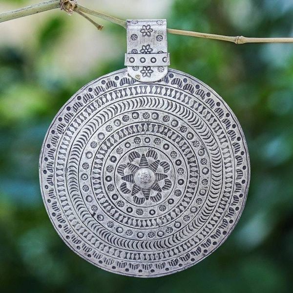 Alternate image for Oxidized 950 Silver Circular Pendant with Thai Tribal Motifs Tribal Charm
